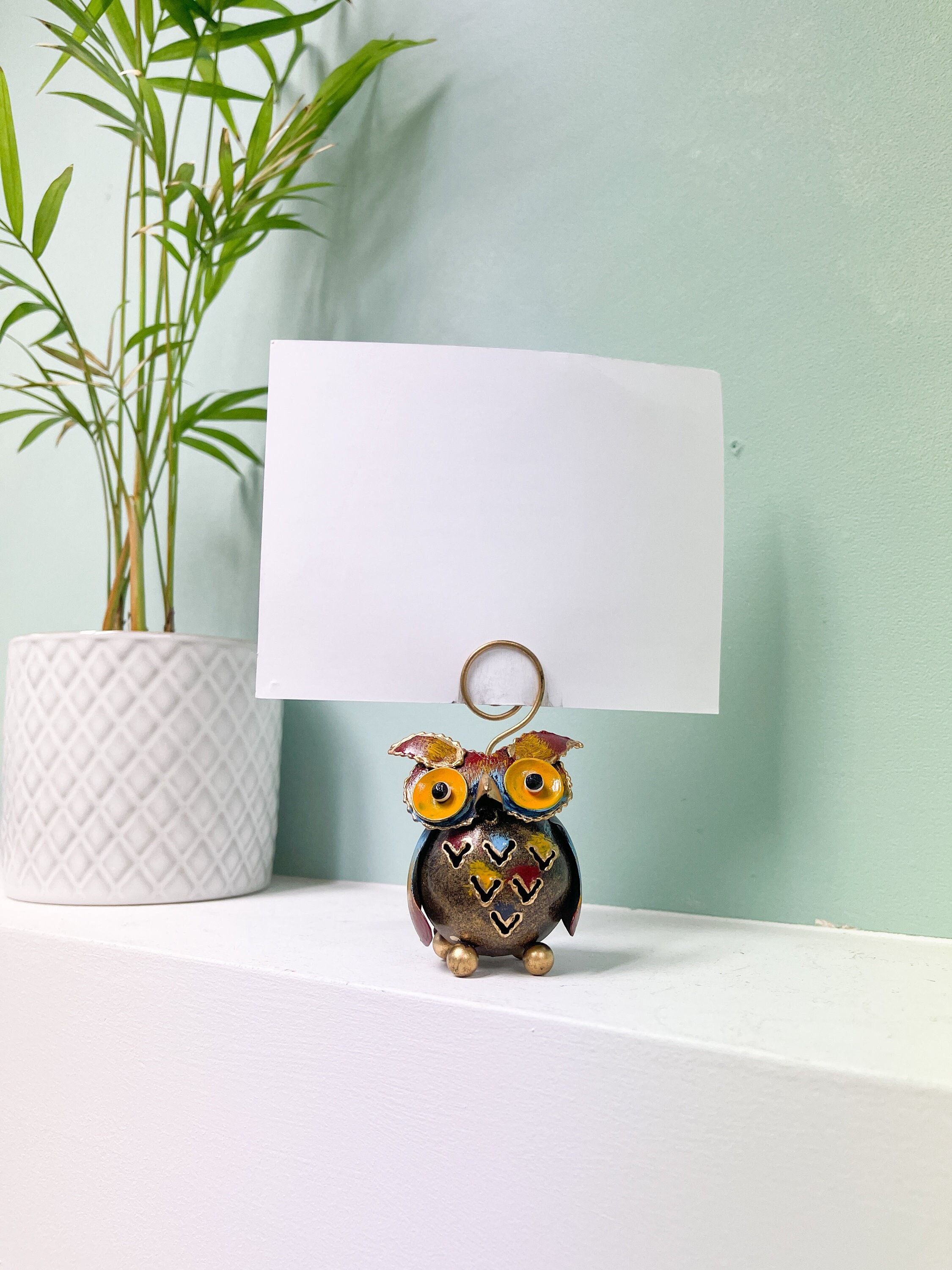 Owl Photo Holder - Multicoloured Rainbow Metal - Handmade Photo Clip Stand