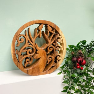 Wooden Deer Carving Ornament Hand Carved Decorative Home Decor Christmas Xmas Decoration