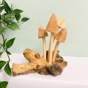 Mushrooms Toadstools Group of Five on Log Wood Carving Fair Trade