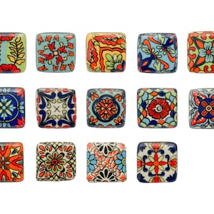 Ceramic Door Knobs Hand Painted Multicoloured Square Assorted Cupboards Chest of Drawers Set Patterned Flower Geometric Mandala