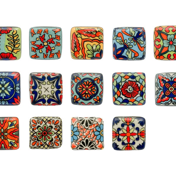 Boutons de porte en céramique peints à la main, carrés multicolores assortis, armoires, commode, ensemble à motifs de fleurs géométriques Mandala