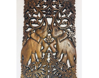 Wooden Double Elephant Plaque Handmade Decorative Ornament for Home - 30 x 45 cm