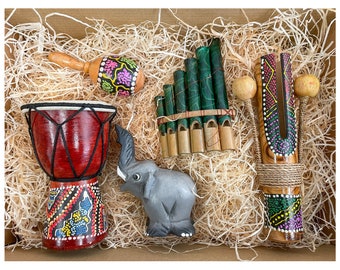 Global Sounds Box, Musical Instrument Box Set Gift Christmas Present, Mini Maracas, Djembe Drum, Panpipes, Tiktok, Whistle