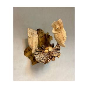 Wall Hanging Owl and Eggs Nest Parasite Wood Statue - Wooden Hand Carved Animal Bird Nest Figurine Ornament Home Decor Fairtrade