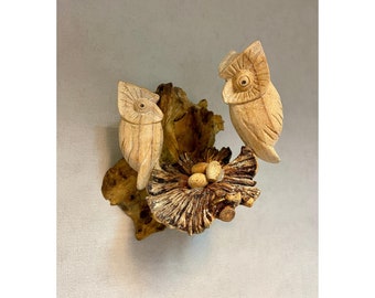 Wall Hanging Owl and Eggs Nest Parasite Wood Statue - Wooden Hand Carved Animal Bird Nest Figurine Ornament Home Decor Fairtrade