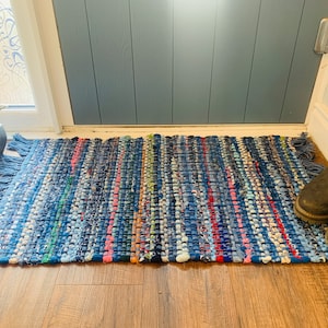 Blue Chindi Rug - Recycled Cotton Indian Sustainable Boho Hippie Fairtrade Handmade Rainbow Textiles