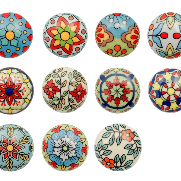 Boutons de porte en céramique peints à la main, ronds multicolores assortis, armoires, commode, ensemble à motifs de fleurs géométriques Mandala