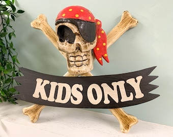 Wooden Pirate Sign Kids Only Wall Hanging - Hand Carved Wood Decoration Various Sizes