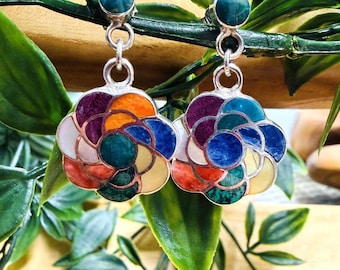Peruvian Fair Trade 950 Sterling Silver Flower Earrings – Colorful Mosaic Dangle Studs – Artisan Handmade Statement Jewellery