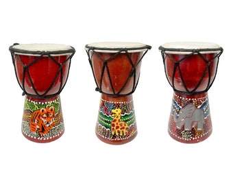 Djembe Drums Musical Instrument Hand Made Fair Trade Dot Painted Tiger Giraffe Lion Kids African Traditional Music Drum Safari Zoo Animals