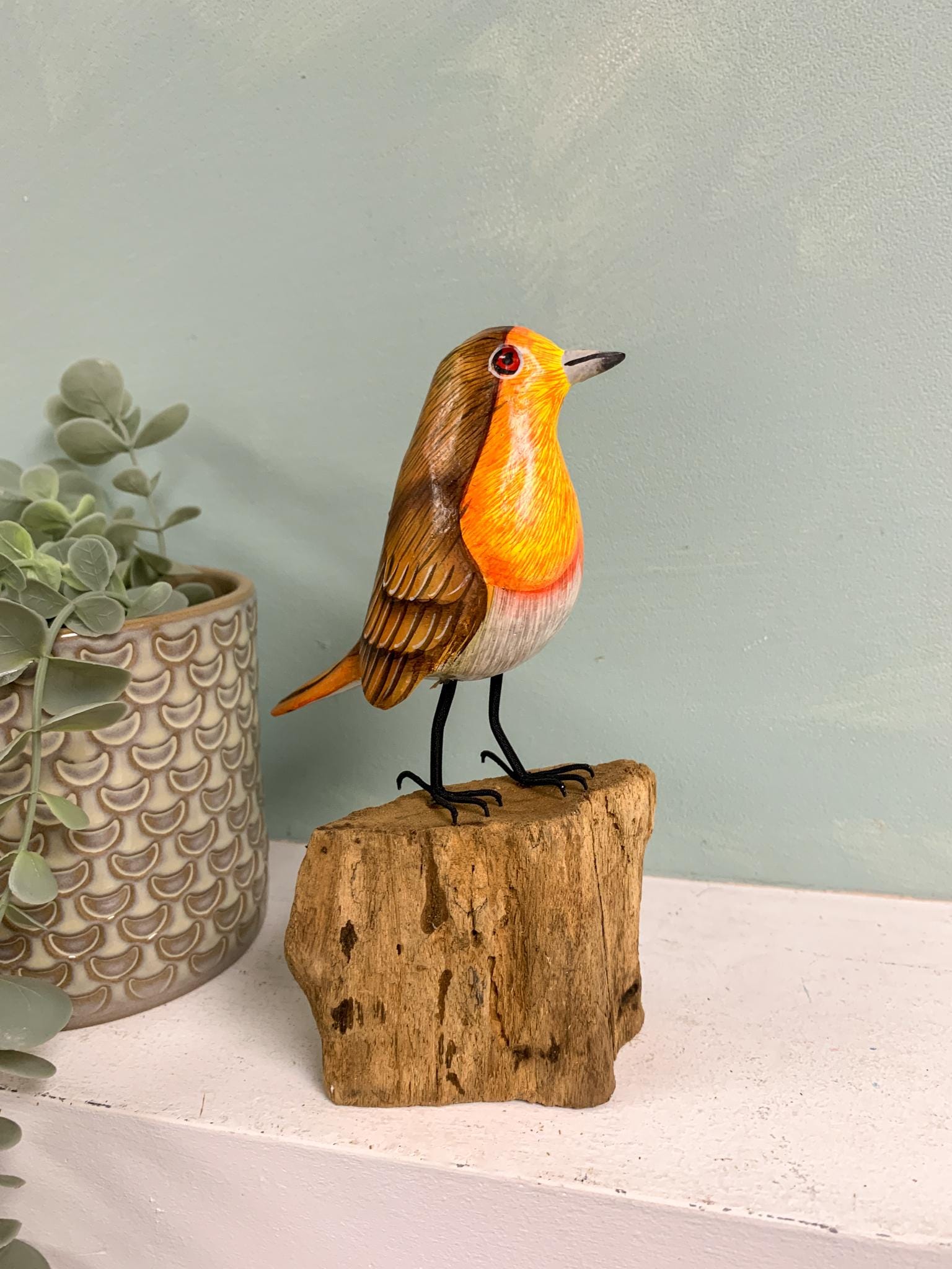 Robin Wooden Ornament Hand Carved Statue Carving Figure Garden Bird ...