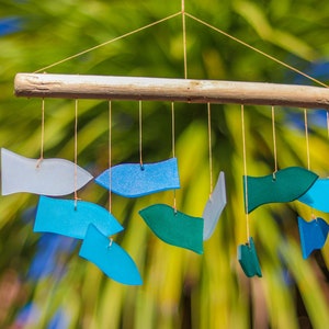 Swimming Fish Windchime Blue Wind Chime Mobile Hand Made Glass Garden Art Indoor Outdoor Multicolours
