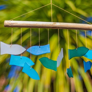 Swimming Fish Windchime Blue Wind Chime Mobile Hand Made Glass Garden Art Indoor Outdoor Multicolours image 1