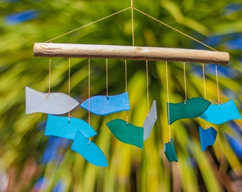 Swimming Fish Windchime Blue Wind Chime Mobile Hand Made Glass Garden Art Indoor Outdoor Multicolours