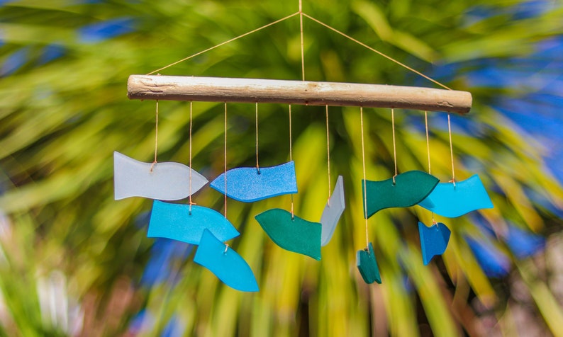 Swimming Fish Windchime Blue Wind Chime Mobile Hand Made Glass Garden Art Indoor Outdoor Multicolours image 1