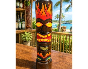 Wooden 70cm Tiki Full Log Statue - Multicoloured Wood - Hand Carved Garden Figurines