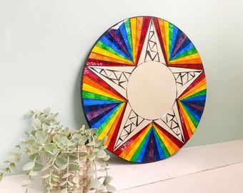 Round Mosaic Star Mirror - Handmade Rainbow Wall Mounted Décor Circle Statement Piece Entryway Hallway Bathroom