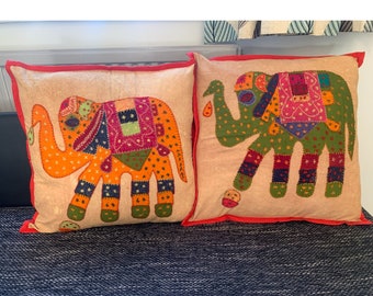 Indian Elephant Cushion Cover - Recycled Cotton Boho Hippie Fairtrade Handmade Cushion Rainbow