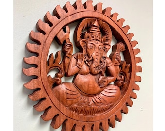 Ganesh Wooden Carving Plaque Circle Wood Wall Art Decoration Meditation Hinduism Hindu Gift Decor
