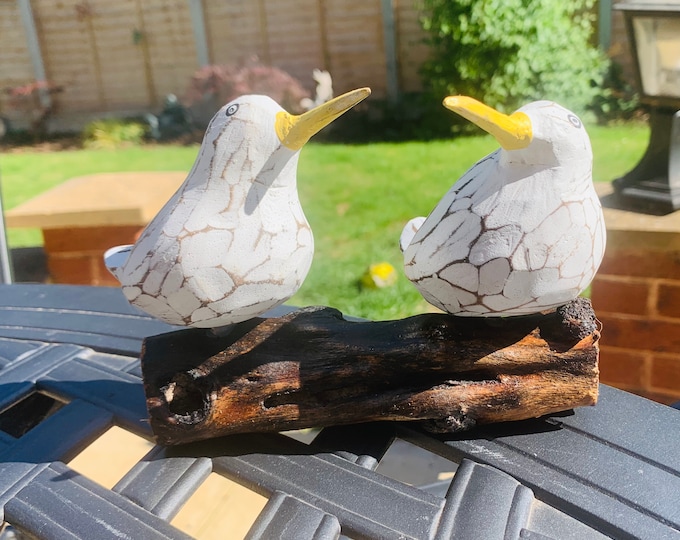 Sitting Bool Birds on Log Hand Carved and Hand Painted Fair Trade Quirky Fat Seagulls