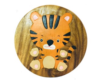 Tiger Childrens Wooden Stool Novelty Animal Kids Stool Step Chair Fair Trade Hand Made & Carved Solid Wood Boys Girls 26x26cm Zoo