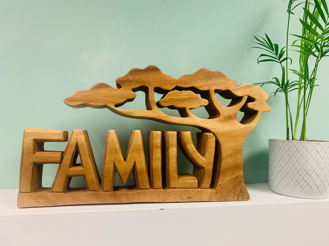 Family Wooden Sign in Brown Wood - Hand Carved Decorative Ornament for ...