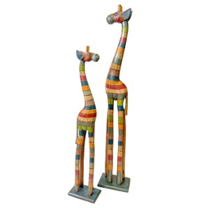 Wooden Stripe Giraffe Statue Multicoloured Hand Carved Animal Figurine