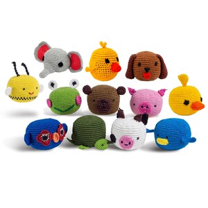 May include: A set of 12 crocheted stuffed animal toys with different animal faces. The toys are in various colors, including yellow, green, blue, pink, brown, and gray. Each toy has a unique animal face, such as a bee, frog, turtle, cow, pig, chicken, dog, bear, elephant, and bird.
