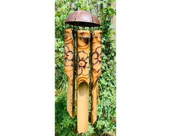 Bamboo Wind Chime with White Flower Natural Bamboo & Coconut Shell Fair Trade 50cm
