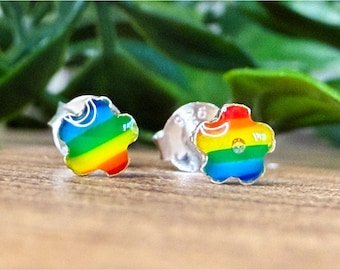Sterling Silver 925 Rainbow Flower Stud Earrings from Thailand, Handmade, Minimalist Silver Studs, Gift for Her