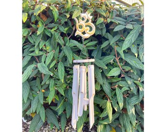 White Gold Omkara Symbol Bamboo Wind Chime Natural Bamboo Fair Trade Sitting Buddha Hand Carved Garden Ornament Buddhism Hinduism