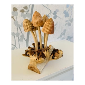 Mushrooms Group of Five on Log Wood Carving Fair Trade