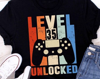 Chemise du 35e anniversaire, niveau 35 débloqué, 35 ans, cadeaux de jeux vidéo, jeux, fête d’anniversaire des joueurs, chemise de jeu vidéo, cadeau de la fête des pères