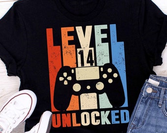 Gamer 14th Birthday Shirt - Funny Gamer Level 14 Unlocked Shirt 14th Birthday Gift for Gamer. Gaming shirt Gift for boy, Birthday Boy Gift