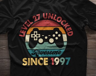 27 Jahre Geburtstags Shirt. Level 27 Unverschlossen. 27.Geburtstag Geschenk. 1997 Geburtstags Party Gaming T-Shirt. Gamer Geschenk für Männer Geschenk für Frauen Geschenkidee