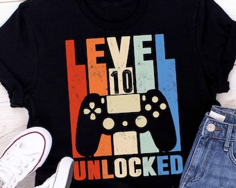 Chemise du 10e anniversaire Funny Gamer Niveau 10 Chemise déverrouillée Cadeau du 10e anniversaire Cadeau pour joueur. Chemise de jeu Cadeau pour garçon, Cadeau de garçon d’anniversaire