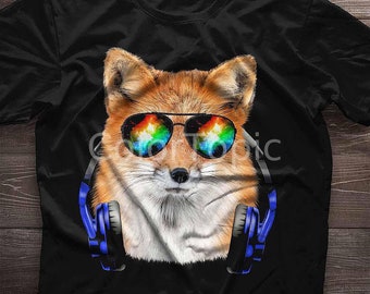 Cool Fox Shirt. Fox Gift. Glass And Headphones Fox T-Shirt. Gift For Her, Gift For Him, Gift For Women, Gift For Men.