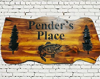 Personalized Wooden Lake House Sign, Rustic Carved Cabin Name Plaque