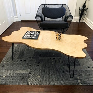 Wavy Shape Coffee Table | Handmade Wood Table Hairpin Leg | Organic Freeform Amorphous Shape Coffee Table | Handcut Birch Plywood | Squiggle