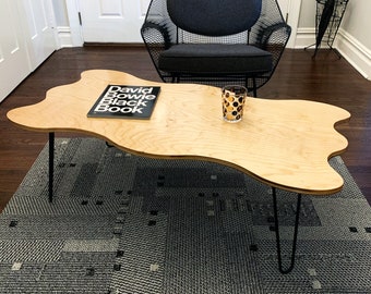 Wavy Shape Coffee Table | Handmade Wood Table Hairpin Leg | Organic Freeform Amorphous Shape Coffee Table | Handcut Birch Plywood | Squiggle