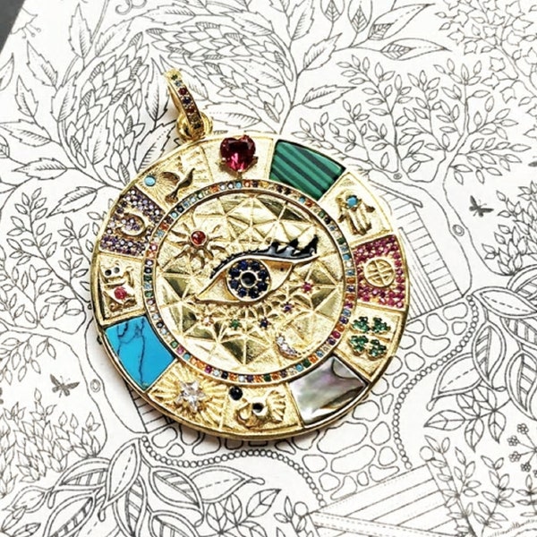 Pendant Amulet Magical Lucky Symbols, Golden Jewelry Vintage, Pure 925 Sterling Silver Powerful Gift For Women Men