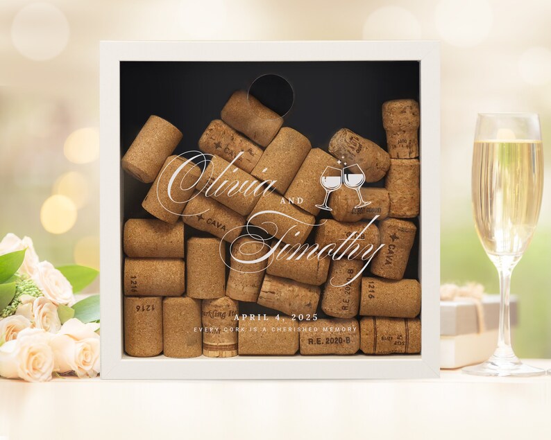 Wedding Couple Names Cork Box, Wine Cork Collection Box, Wine Lover Gift, Wine Cork Display, Wine Engagement Gift, Wedding Gift image 1