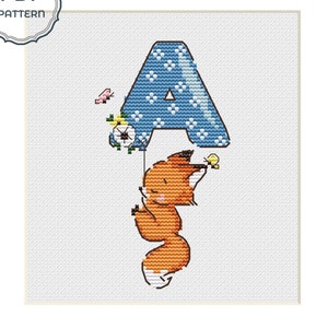 Letter A for baby boy cross stitch pattern, Little Fox cross stitch, Nursery cross stitch, Instant download PDF