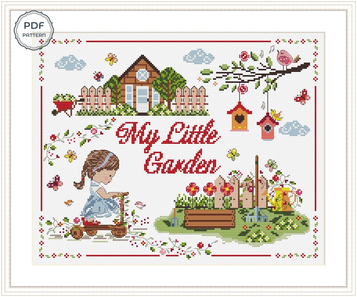 Little Girl Cross Stitch Pattern Garden Cross Stitch Spring Etsy