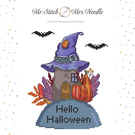 Witch House Cross Stitch Pattern Hello Halloween Cross Stitch