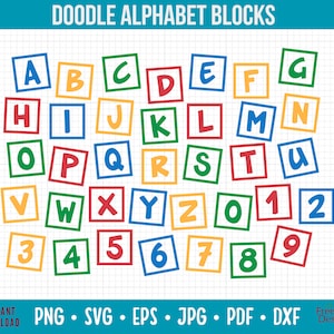 Alphabet blocs fichiers SVG, blocs de construction couper des fichiers, lettre blocs des fichiers vectoriels Clipart PNG, bébé ABC Doodle coupe fichiers en téléchargement numérique