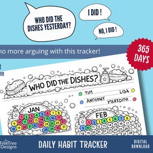 Könnte beinhalten: Ein schwarz-weißes tägliches Gewohnheitstracker mit dem Text "WER HAT GESTERN GESCHIRR GESPUELT?" und "kein Streit mehr mit diesem Tracker!". Der Tracker enthält ein 365-Tage-Abzeichen und ein digitales Download-Label. Das Design zeigt Blasen und Seife.