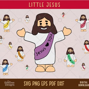 May include: A digital illustration featuring multiple cartoon depictions of Jesus with outstretched arms. The central figure wears a purple sash with the text "Jesus You." Smaller figures have colored sashes with similar text. The image includes the text "LITTLE JESUS."