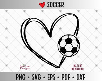 May include: Black and white graphic of a soccer ball inside a heart shape. The text "SOCCER" is above the heart.
