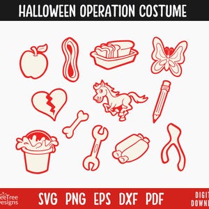 May include: Red line drawings of various objects, including a heart, a bone, a wrench, a bucket, a horseshoe, a butterfly, a piece of bacon, a horse, an apple, a pencil, and a pair of glasses.  The objects are all outlined in red and are on a white background.  The text "HALLOWEEN OPERATION COSTUME" is at the top of the image.